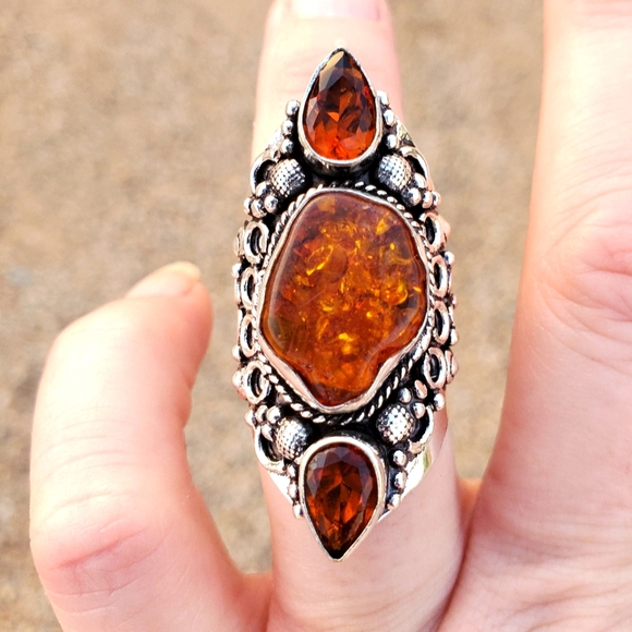 New Baltic Amber & Citrine 925 Silver Statement Ring. - Picture 1 of 13
